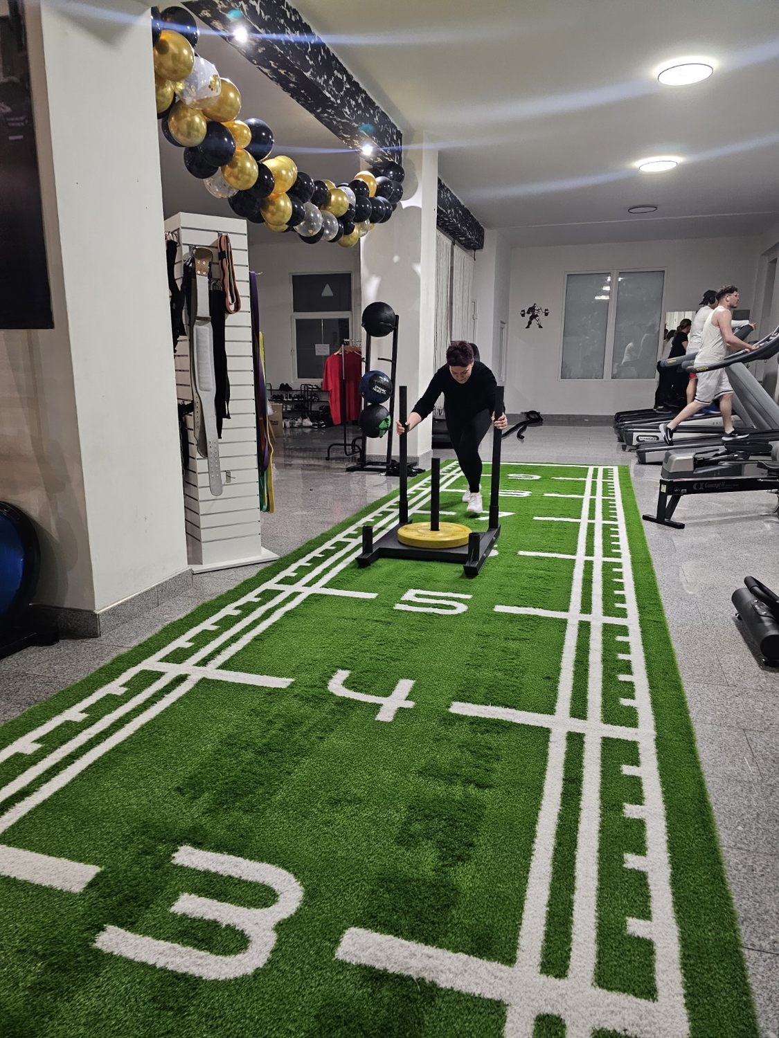 Tréninkové saně a travnatá dráha ve fitness centru The Gym Aš